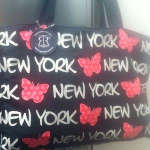 navy blue and pink butterfly ny tote