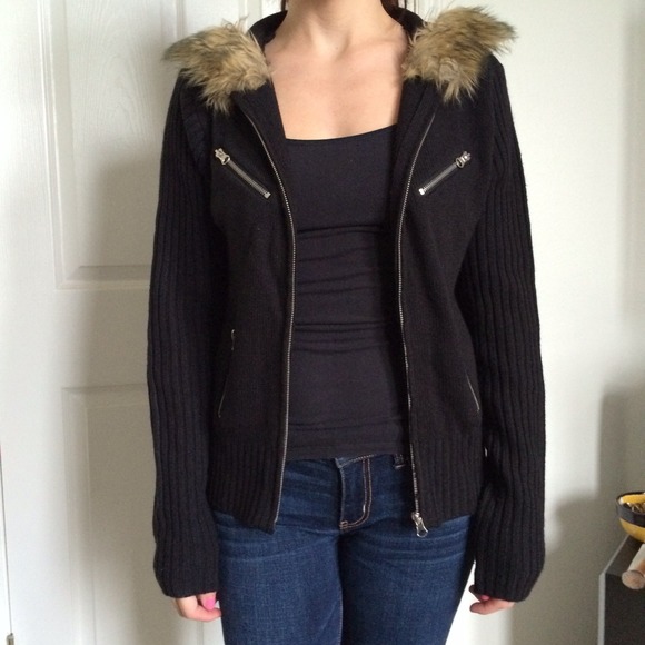 Black sweater with faux fur hood