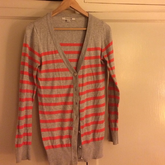Coral and grey stripe deep v cardigan