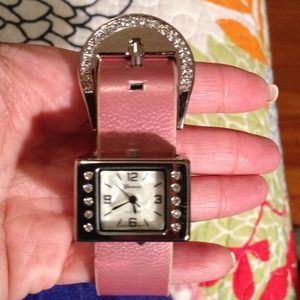 Pink/pearl colored belt watch with rhinestones