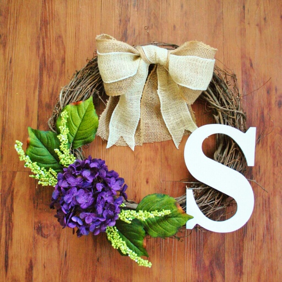 purple hydrangea monogram wreath
