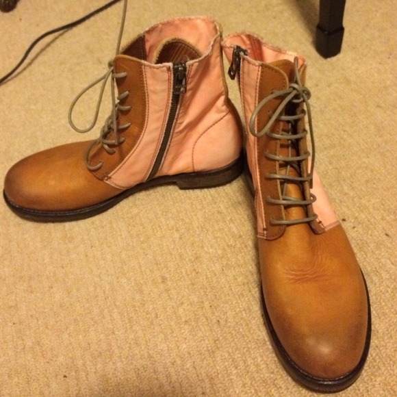 Light pink and brown lace and zip up combat boots