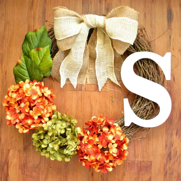 orange & green hydrangea monogram wreath