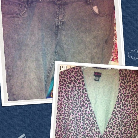 Purple acid skinny jeans / w cheetah cardigan