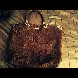 Henri Bendel brown suede snakeskin tote