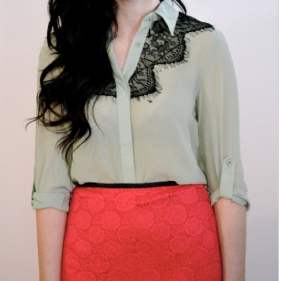 Green chiffon top with black lace