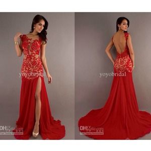 Red & nude long lace evening gown!