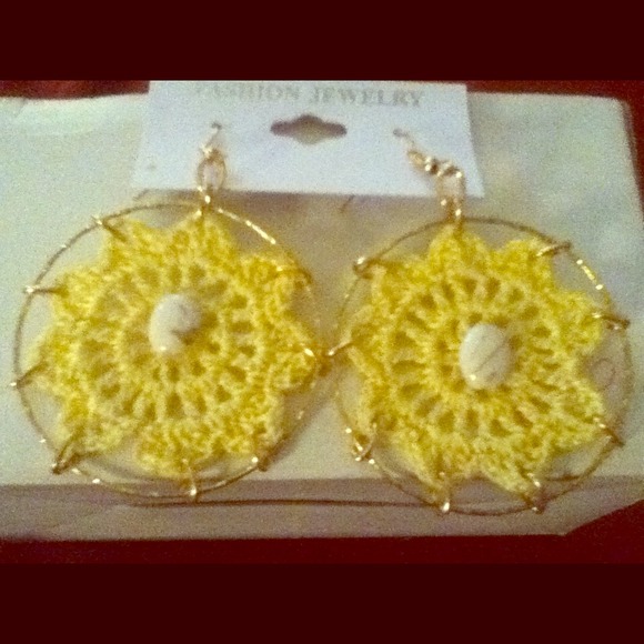 yellow and gold crochet earrings.