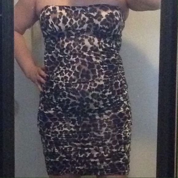 Leopard printed shirred tube dress.