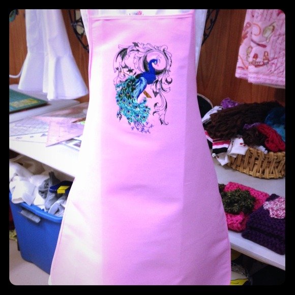 Peacock embroidered pink apron