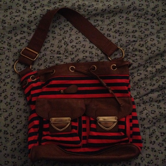 Blue and red striped brown pattern bag