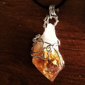 Citrine CrystalSilver Wire Wrapped Hemp black cord