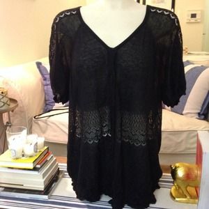 American Rag Black Lace V-Neck Button Sweater