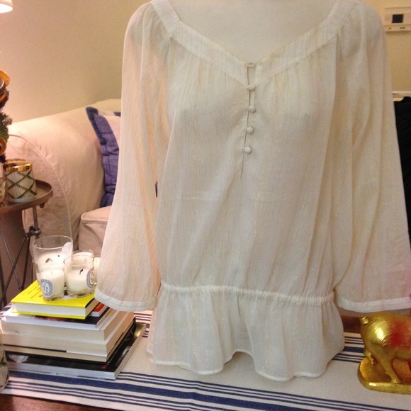 H&M Ivory and Gold Pinstripe Peasant Top