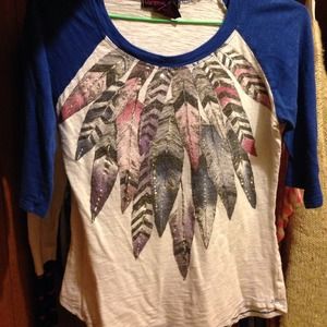 Material girl baseball tee. feathers on the front