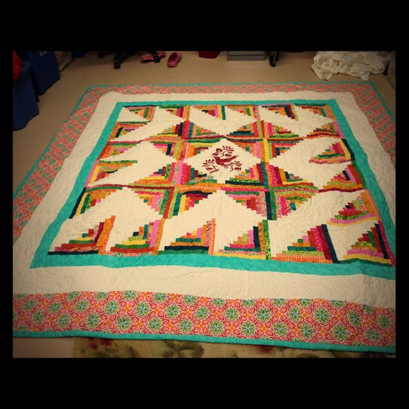 Homemade log cabin king-size quilt