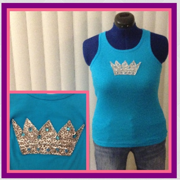 Embellished blue and silver ribbed tank top