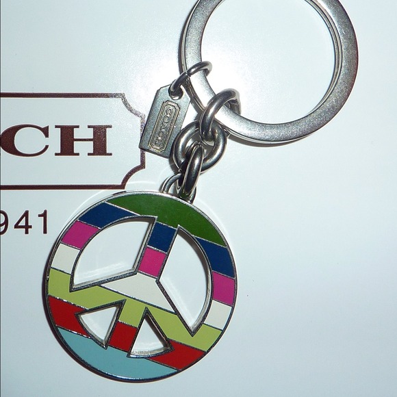 COACH LEGACY STRIPE PEACE SIGN METAL KEYCHAIN FOB