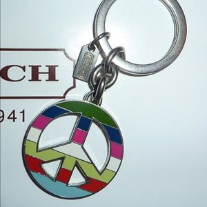 COACH LEGACY STRIPE PEACE SIGN METAL KEYCHAIN FOB