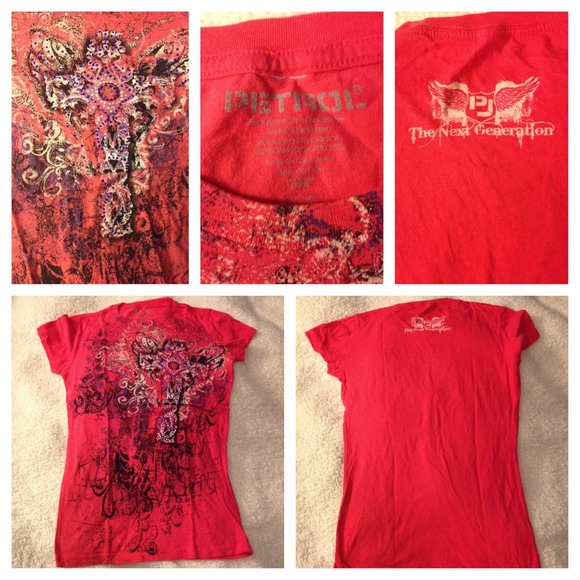 Coral jeweled shirt.