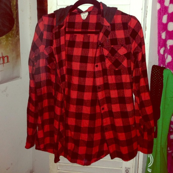 Hooded red & black plaid