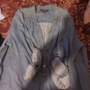 Denim belted dress.
