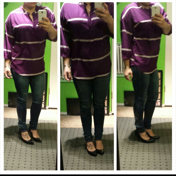 Plum blouse with white stripes