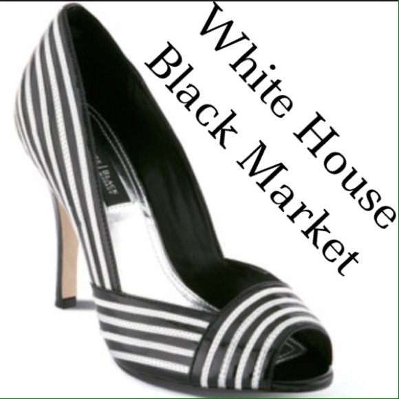 WHBM Belinda black white and silver peep toe heels