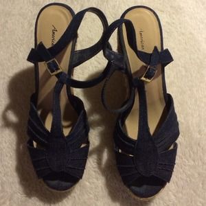 American Eagle Denim Strappy Wedge Size 9