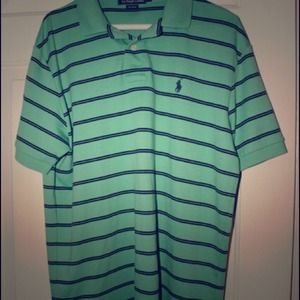 Men's green and blue striped polo shirt