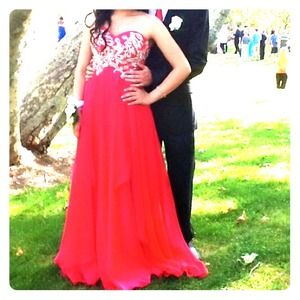 Watermelon color silver embellished prom dress