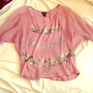 Pink sequin top with sheer sleeves