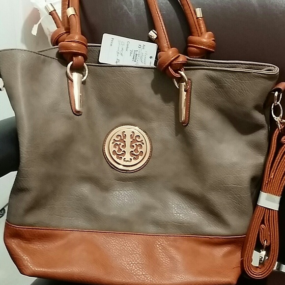 Grey/tan handbag with shoulder strap