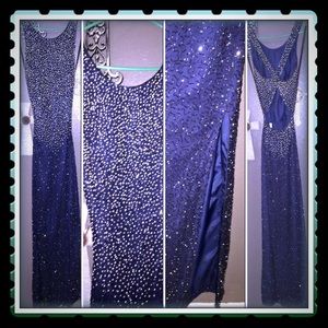 Full-length beaded blue gown
