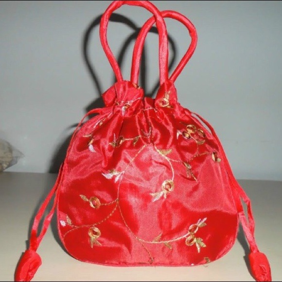 Oriental Red Drawstring Purse Hand Bag