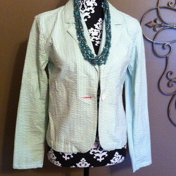 Light green and white striped seer sucker blazer