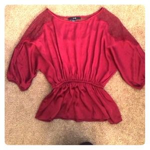 Red Satiny Shirt with Lace Along Back