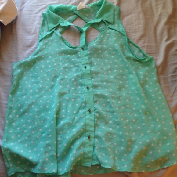 Polka dot mint green cutout shirt