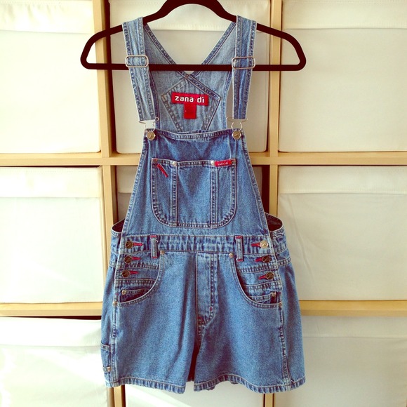 Medium wash denim overall shorts