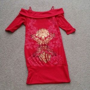 Red strapped off shoulder dress
