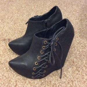 Jeffery Campbell black wedge lace up heel.