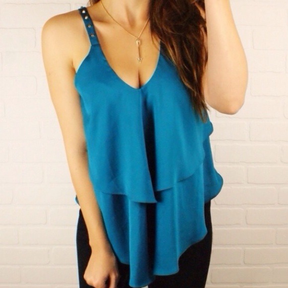 SOLD teal gold studded ruffle layer dress tank top