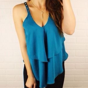 SOLD teal gold studded ruffle layer dress tank top