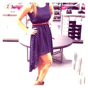 High low navy polkadot dress.