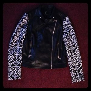 Black faux leather jacket w/ tribal-print sleeves