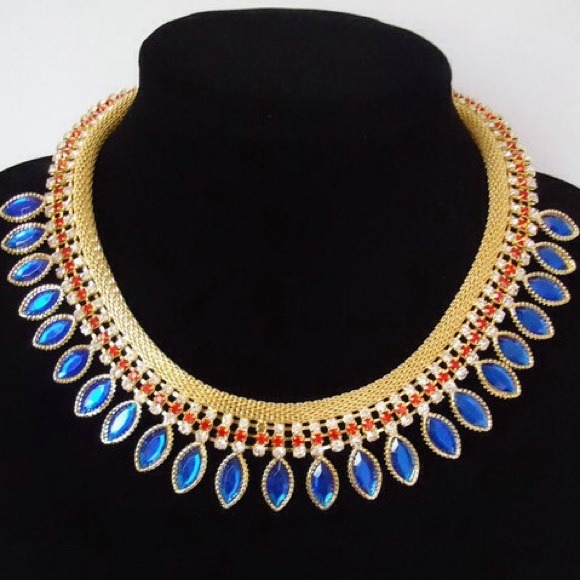 GONE  Blue, red rhinestone gold pleated necklace