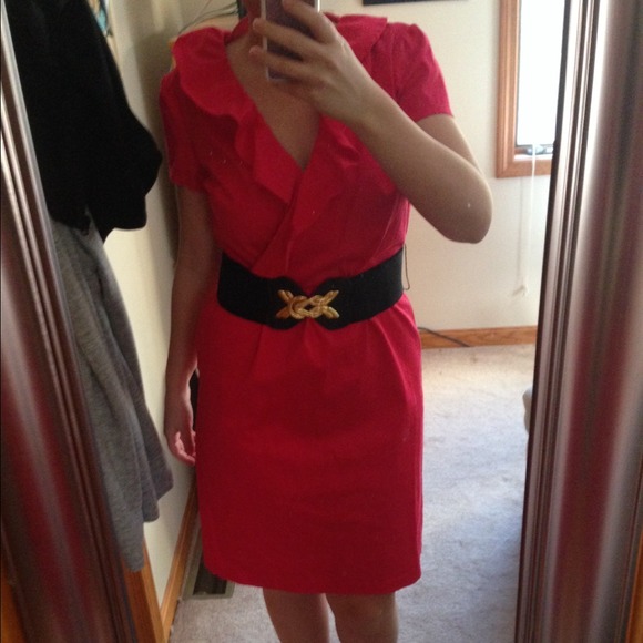 SOLD Red Ruffle Neck Dress with Belt