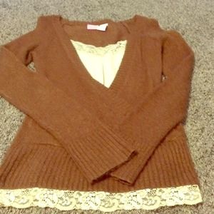 Brown sweater with tan lace layer