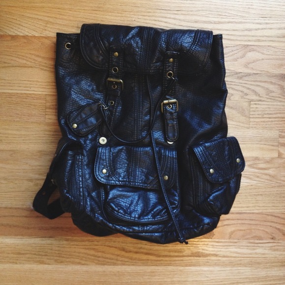 Black Faux Leather Backpack/ Bag