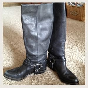 Distressed black leather tall boots